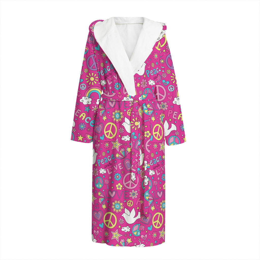 Girly Peace Sign And Love Pattern Print Hooded Bathrobe