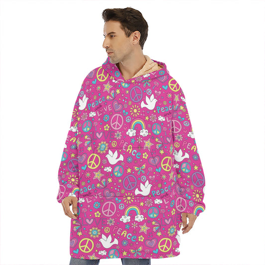 Girly Peace Sign And Love Pattern Print Hoodie Blanket