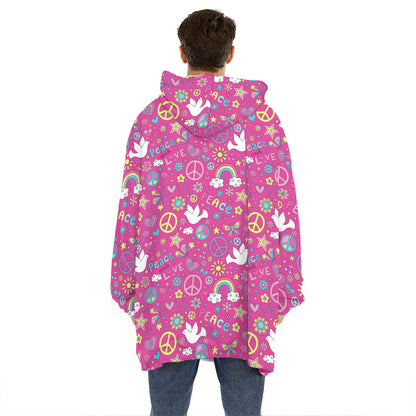 Girly Peace Sign And Love Pattern Print Hoodie Blanket
