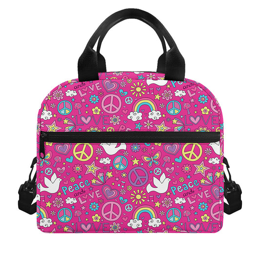 Girly Peace Sign And Love Pattern Print Insulated Lunch Bag