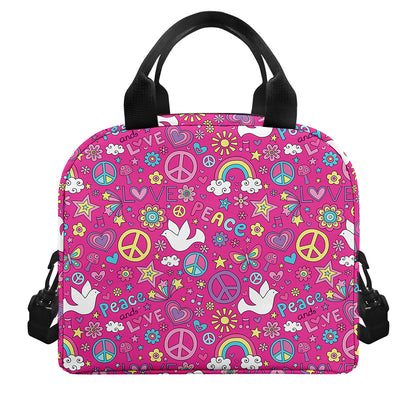 Girly Peace Sign And Love Pattern Print Insulated Lunch Bag