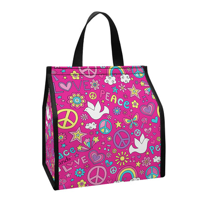 Girly Peace Sign And Love Pattern Print Insulated Lunch Tote