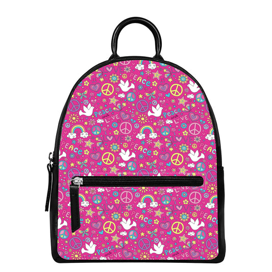 Girly Peace Sign And Love Pattern Print Leather Backpack