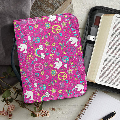 Girly Peace Sign And Love Pattern Print Leather Bible Cover
