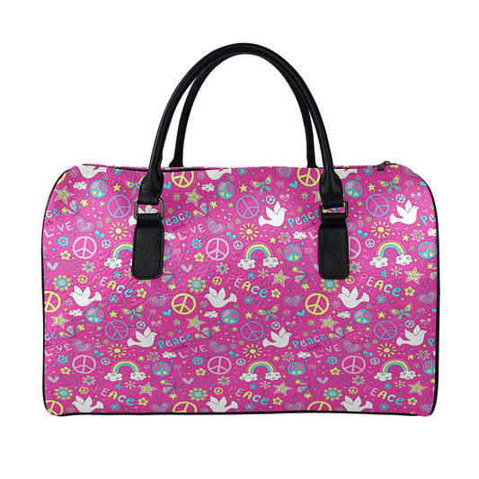 Girly Peace Sign And Love Pattern Print Leather Duffle Bag