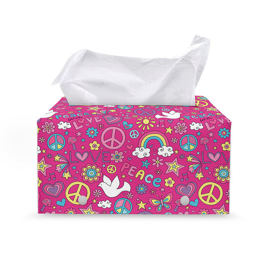 Girly Peace Sign And Love Pattern Print Leather Tissue Box Cover