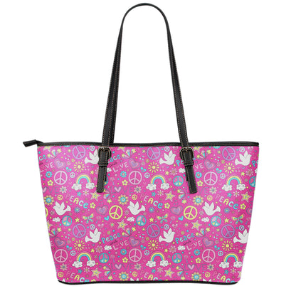 Girly Peace Sign And Love Pattern Print Leather Tote Bag