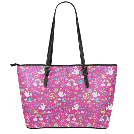 Girly Peace Sign And Love Pattern Print Leather Tote Bag