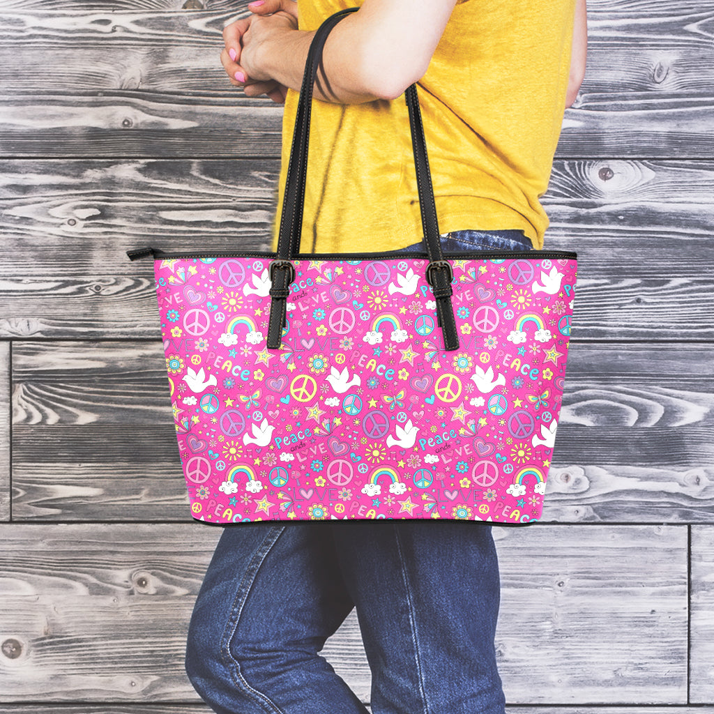 Girly Peace Sign And Love Pattern Print Leather Tote Bag