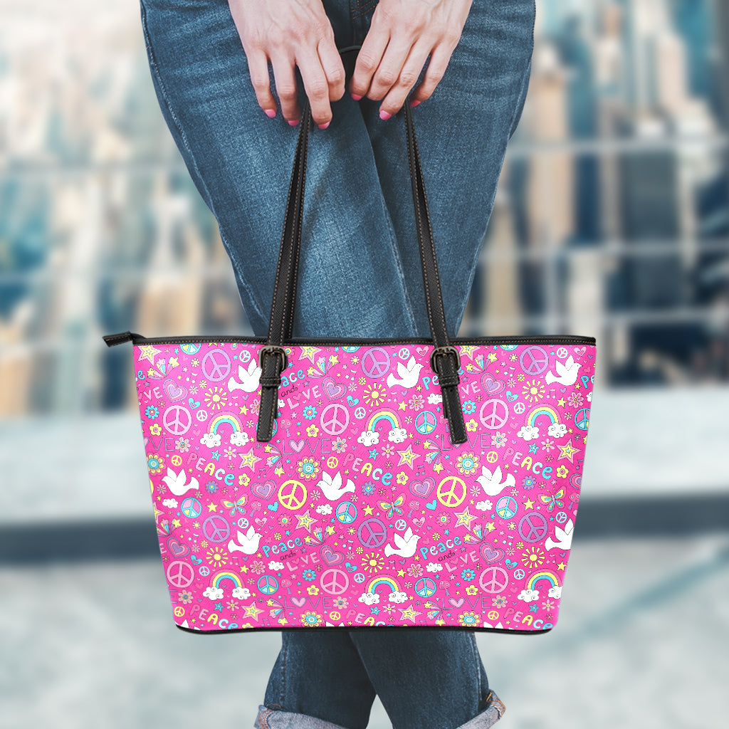 Girly Peace Sign And Love Pattern Print Leather Tote Bag