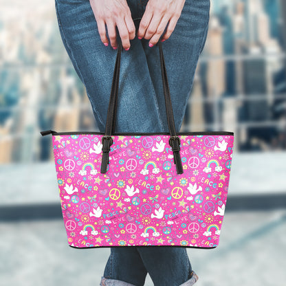 Girly Peace Sign And Love Pattern Print Leather Tote Bag