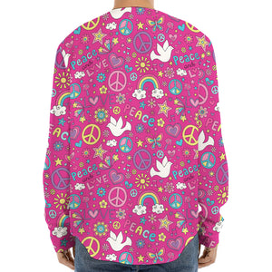 Girly Peace Sign And Love Pattern Print Long Sleeve Baseball Jersey