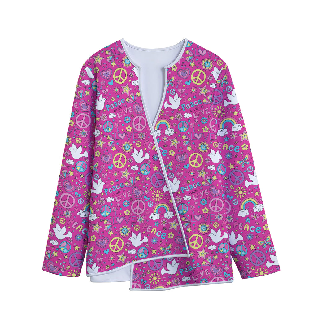 Girly Peace Sign And Love Pattern Print Long Sleeve Short Coat