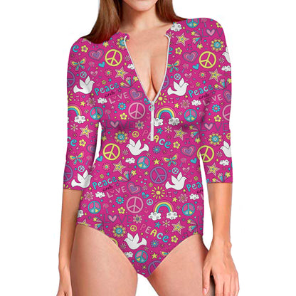 Girly Peace Sign And Love Pattern Print Long Sleeve Swimsuit