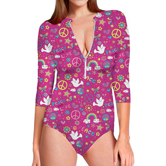 Girly Peace Sign And Love Pattern Print Long Sleeve Swimsuit