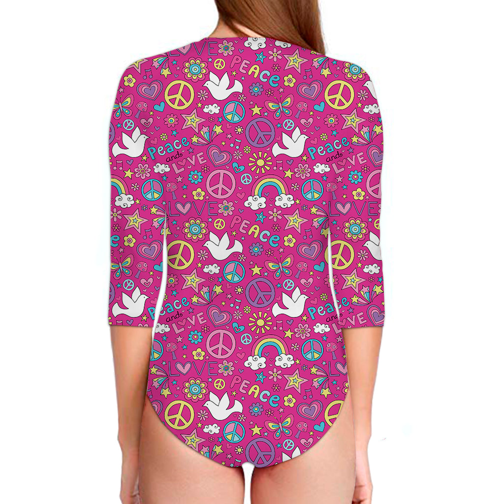 Girly Peace Sign And Love Pattern Print Long Sleeve Swimsuit