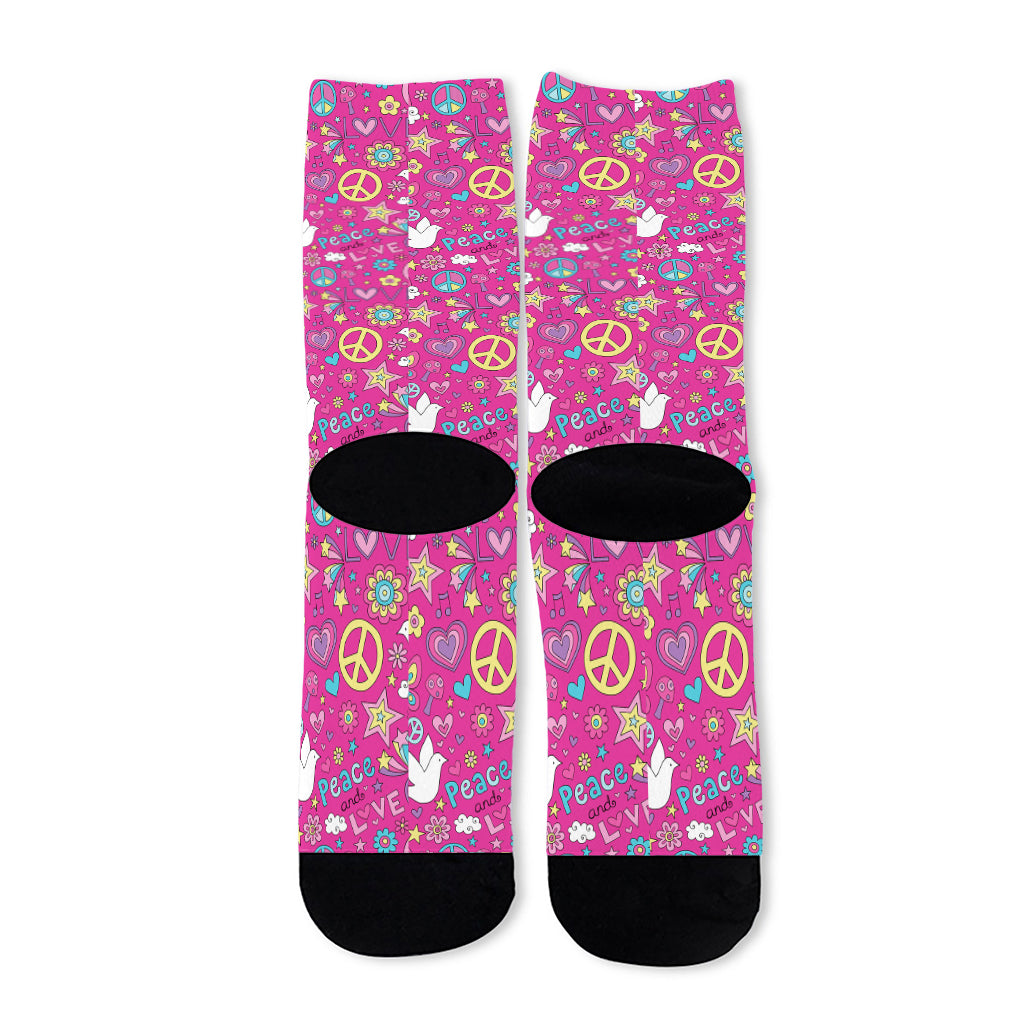 Girly Peace Sign And Love Pattern Print Long Socks