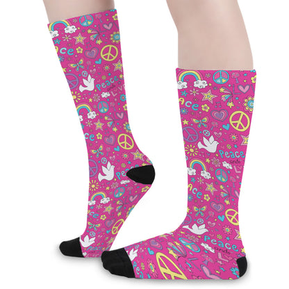 Girly Peace Sign And Love Pattern Print Long Socks