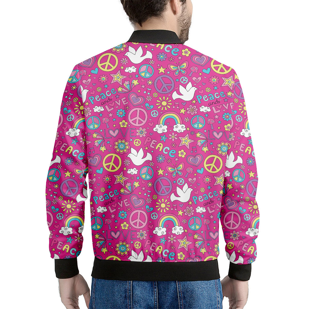 Girly Peace Sign And Love Pattern Print Men's Bomber Jacket