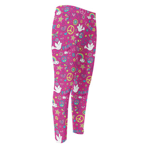 Girly Peace Sign And Love Pattern Print Men's Compression Pants