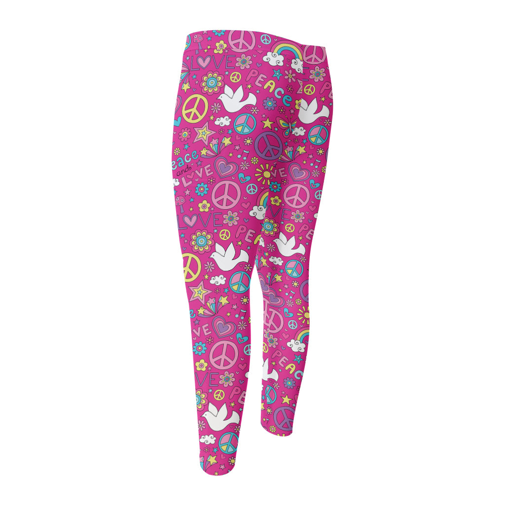 Girly Peace Sign And Love Pattern Print Men's Compression Pants