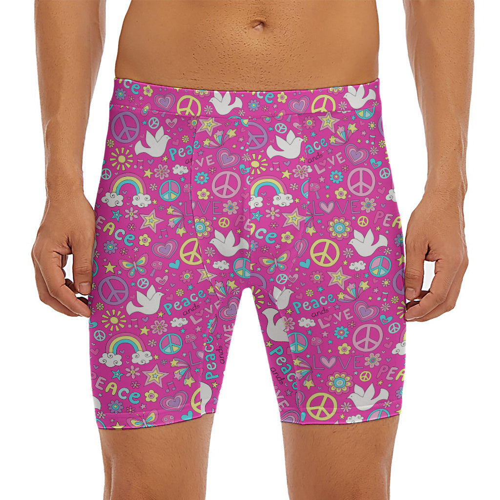 Girly Peace Sign And Love Pattern Print Men's Long Boxer Briefs