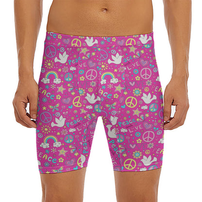Girly Peace Sign And Love Pattern Print Men's Long Boxer Briefs