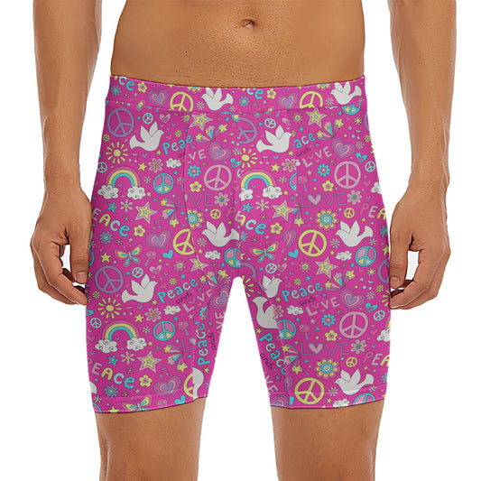 Girly Peace Sign And Love Pattern Print Men's Long Boxer Briefs