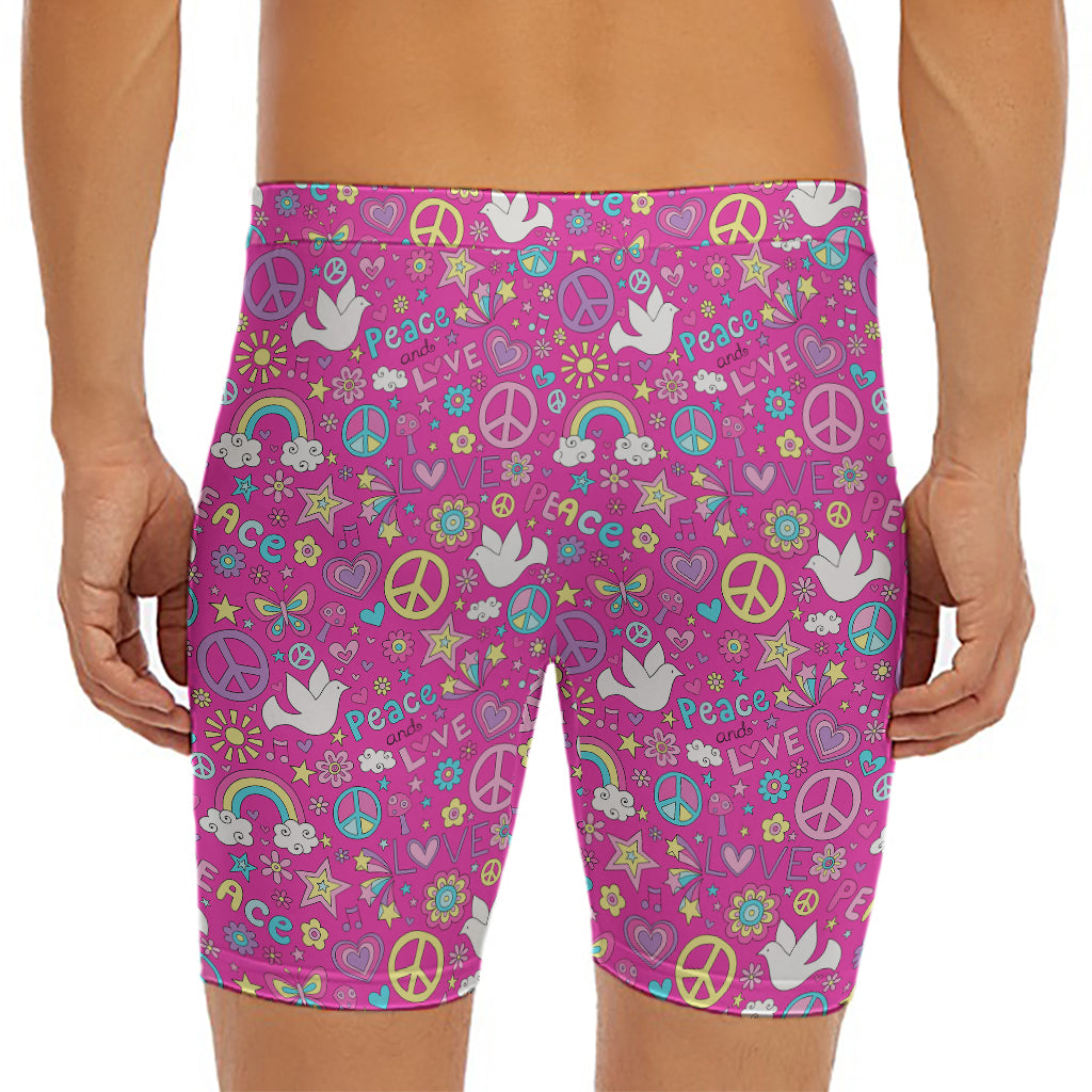 Girly Peace Sign And Love Pattern Print Men's Long Boxer Briefs