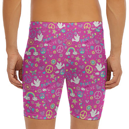 Girly Peace Sign And Love Pattern Print Men's Long Boxer Briefs