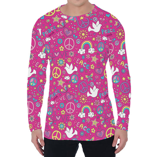 Girly Peace Sign And Love Pattern Print Men's Long Sleeve T-Shirt