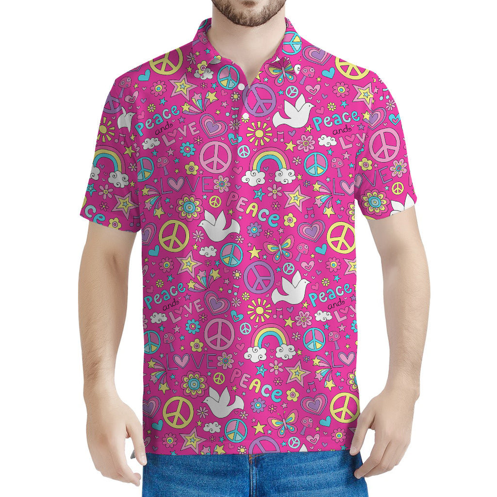 Girly Peace Sign And Love Pattern Print Men's Polo Shirt