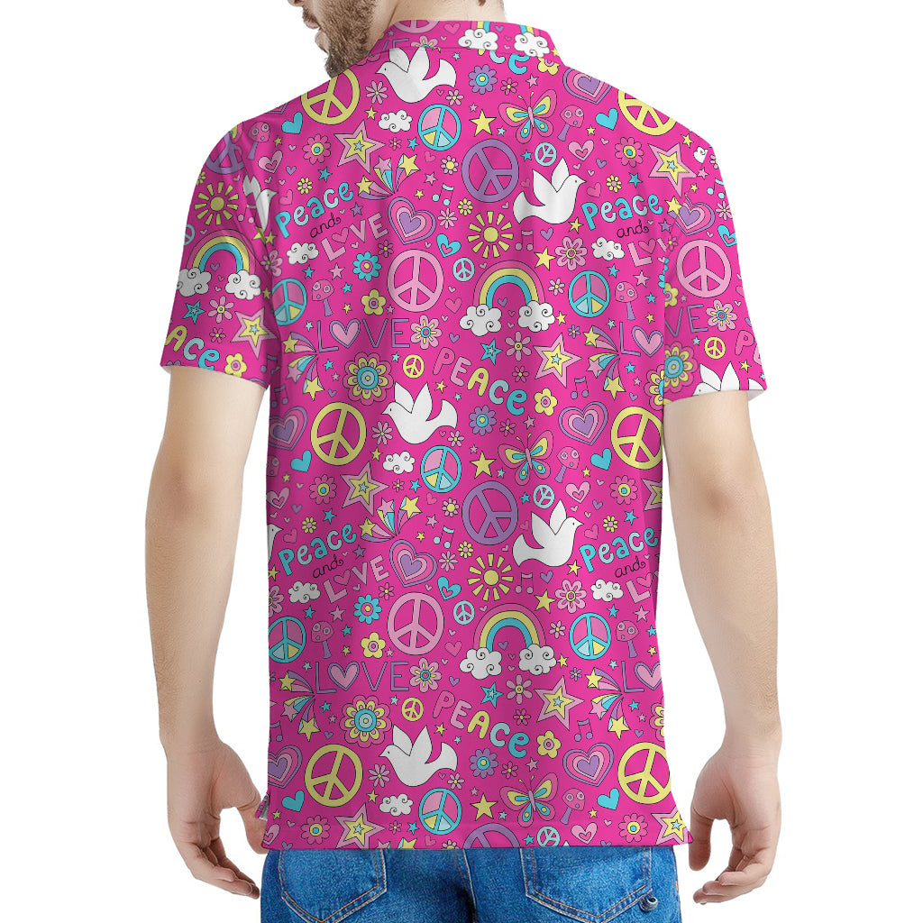 Girly Peace Sign And Love Pattern Print Men's Polo Shirt