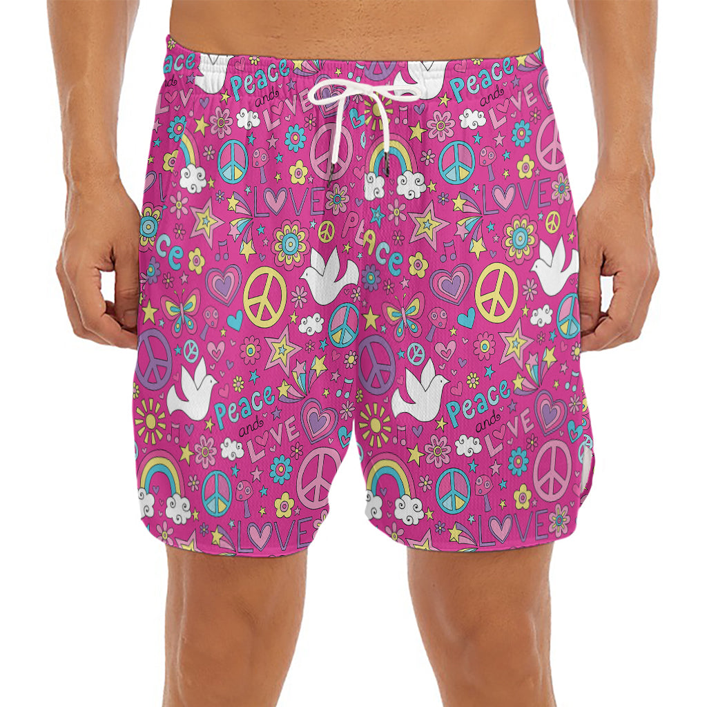 Girly Peace Sign And Love Pattern Print Men's Split Running Shorts