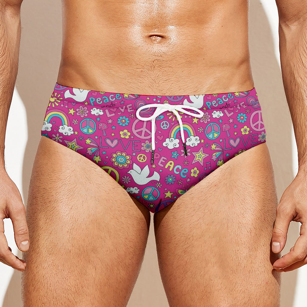 Girly Peace Sign And Love Pattern Print Men's Swim Briefs