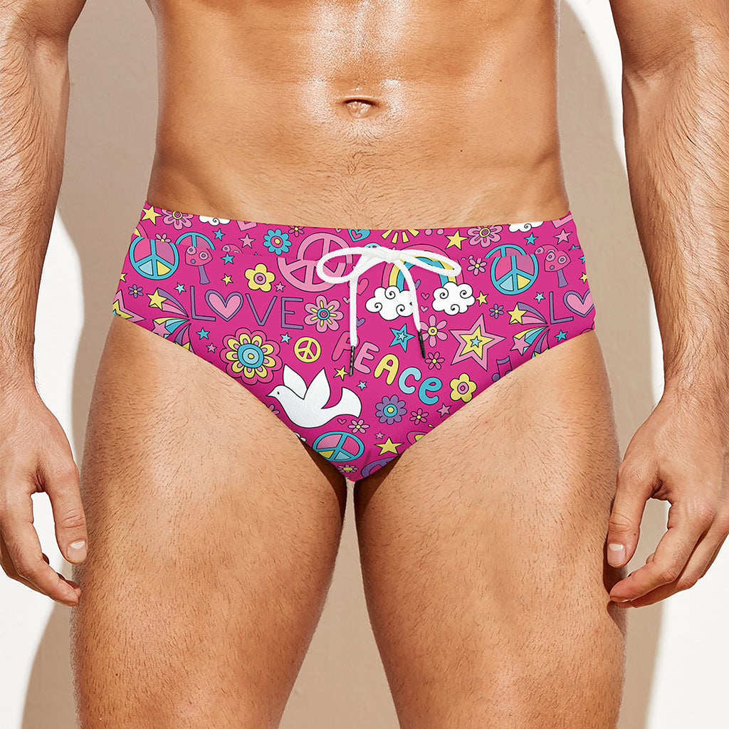 Girly Peace Sign And Love Pattern Print Men's Swim Briefs