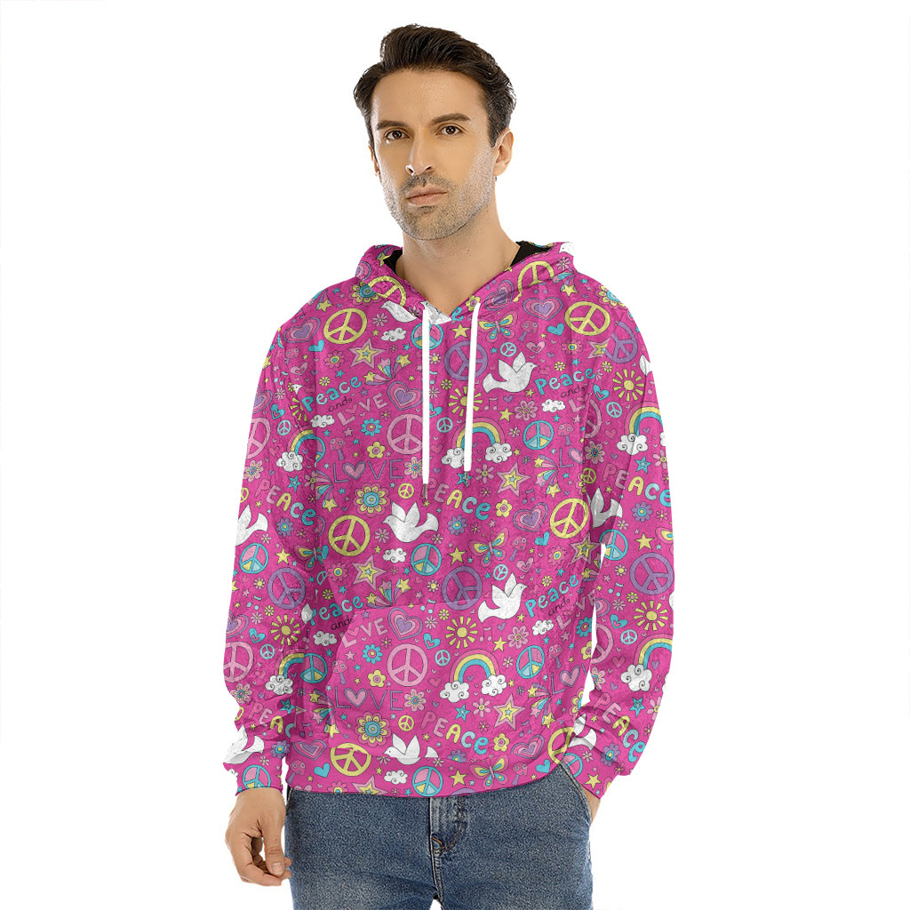 Girly Peace Sign And Love Pattern Print Men's Velvet Pullover Hoodie