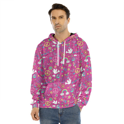 Girly Peace Sign And Love Pattern Print Men's Velvet Pullover Hoodie
