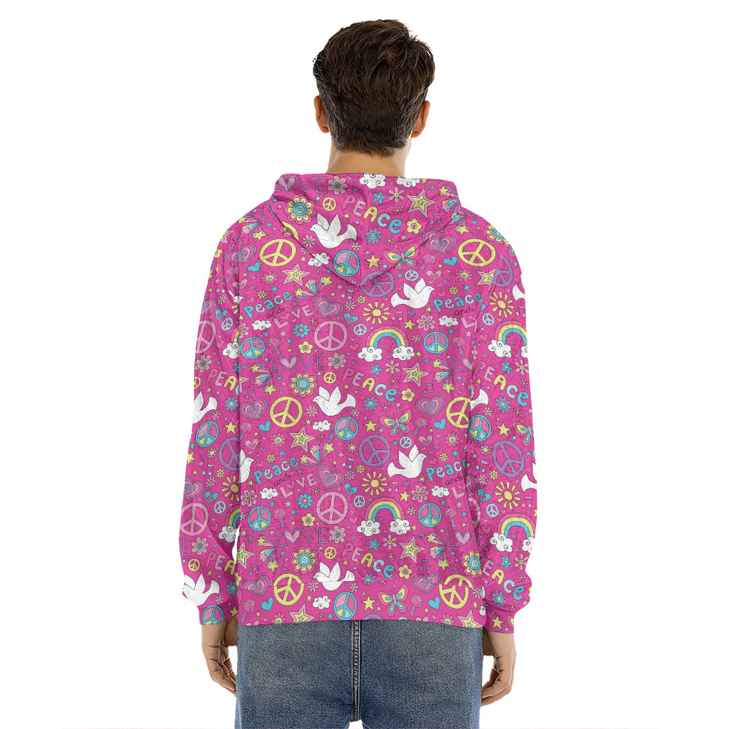 Girly Peace Sign And Love Pattern Print Men's Velvet Pullover Hoodie
