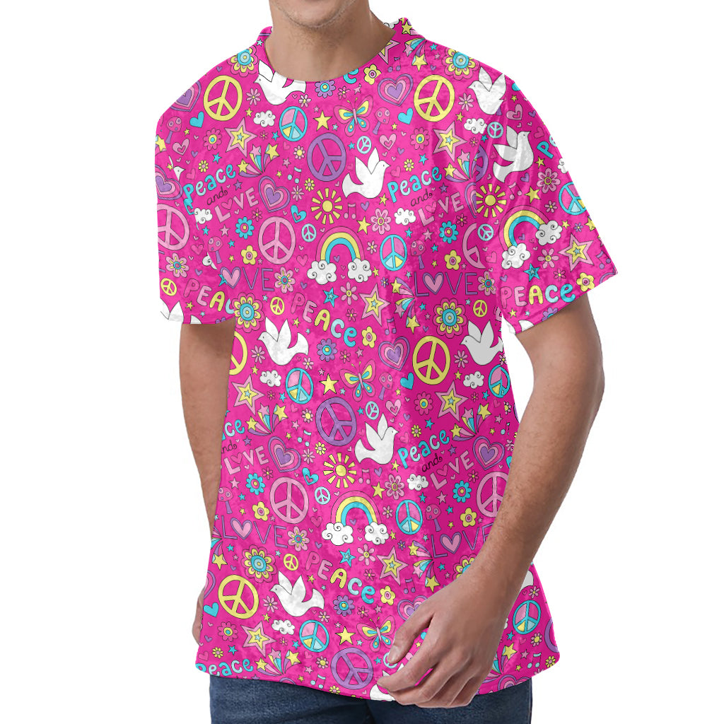 Girly Peace Sign And Love Pattern Print Men's Velvet T-Shirt