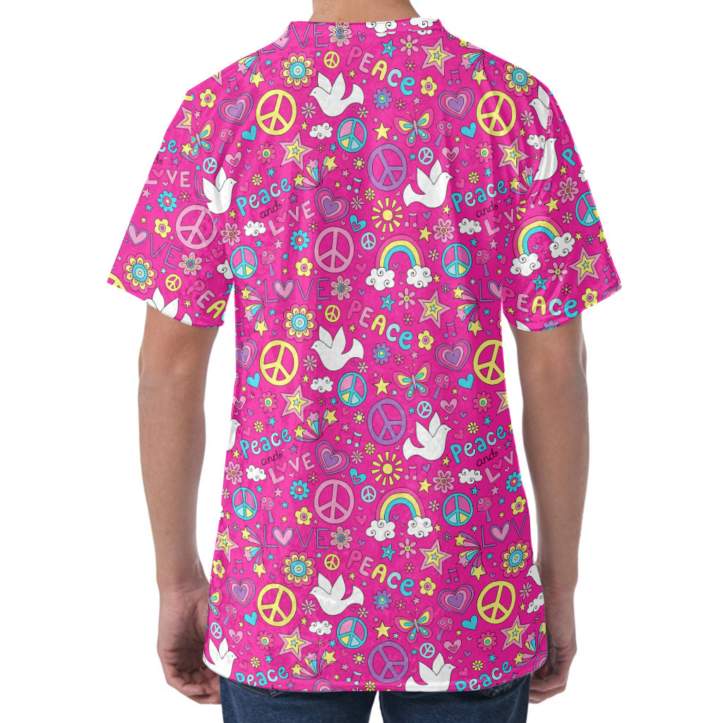 Girly Peace Sign And Love Pattern Print Men's Velvet T-Shirt