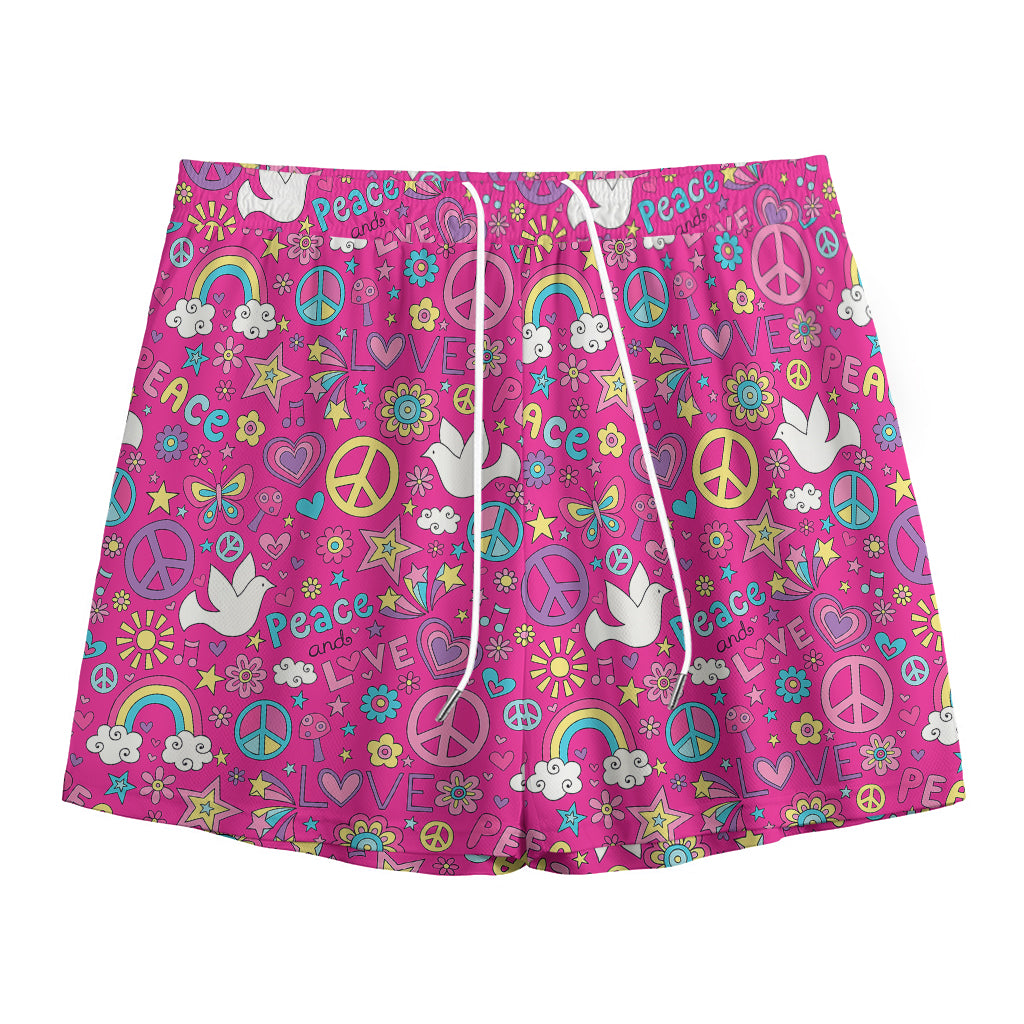 Girly Peace Sign And Love Pattern Print Mesh Shorts