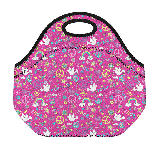 Girly Peace Sign And Love Pattern Print Neoprene Lunch Bag