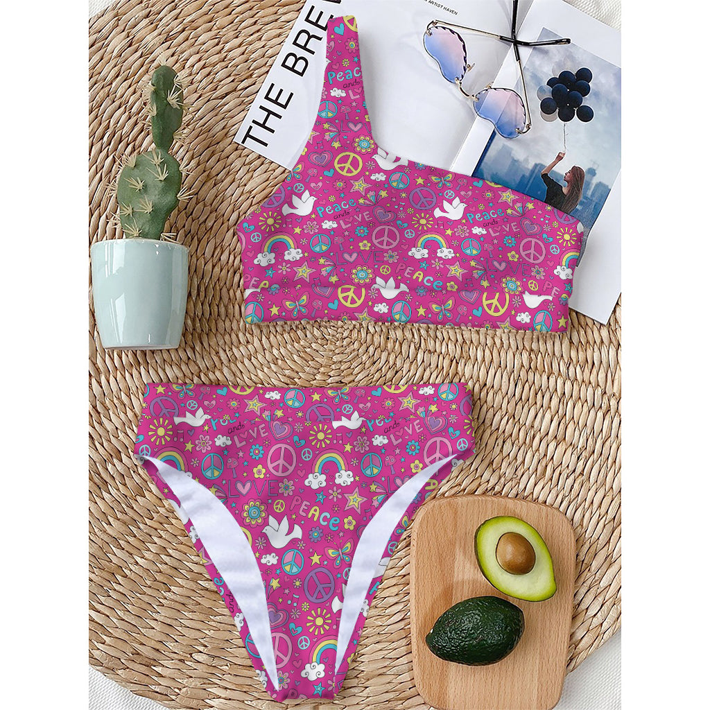 Girly Peace Sign And Love Pattern Print One Shoulder Bikini Top