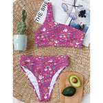 Girly Peace Sign And Love Pattern Print One Shoulder Bikini Top