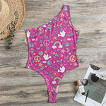 Girly Peace Sign And Love Pattern Print One Shoulder Bodysuit