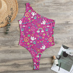 Girly Peace Sign And Love Pattern Print One Shoulder Bodysuit