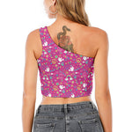 Girly Peace Sign And Love Pattern Print One Shoulder Crop Top