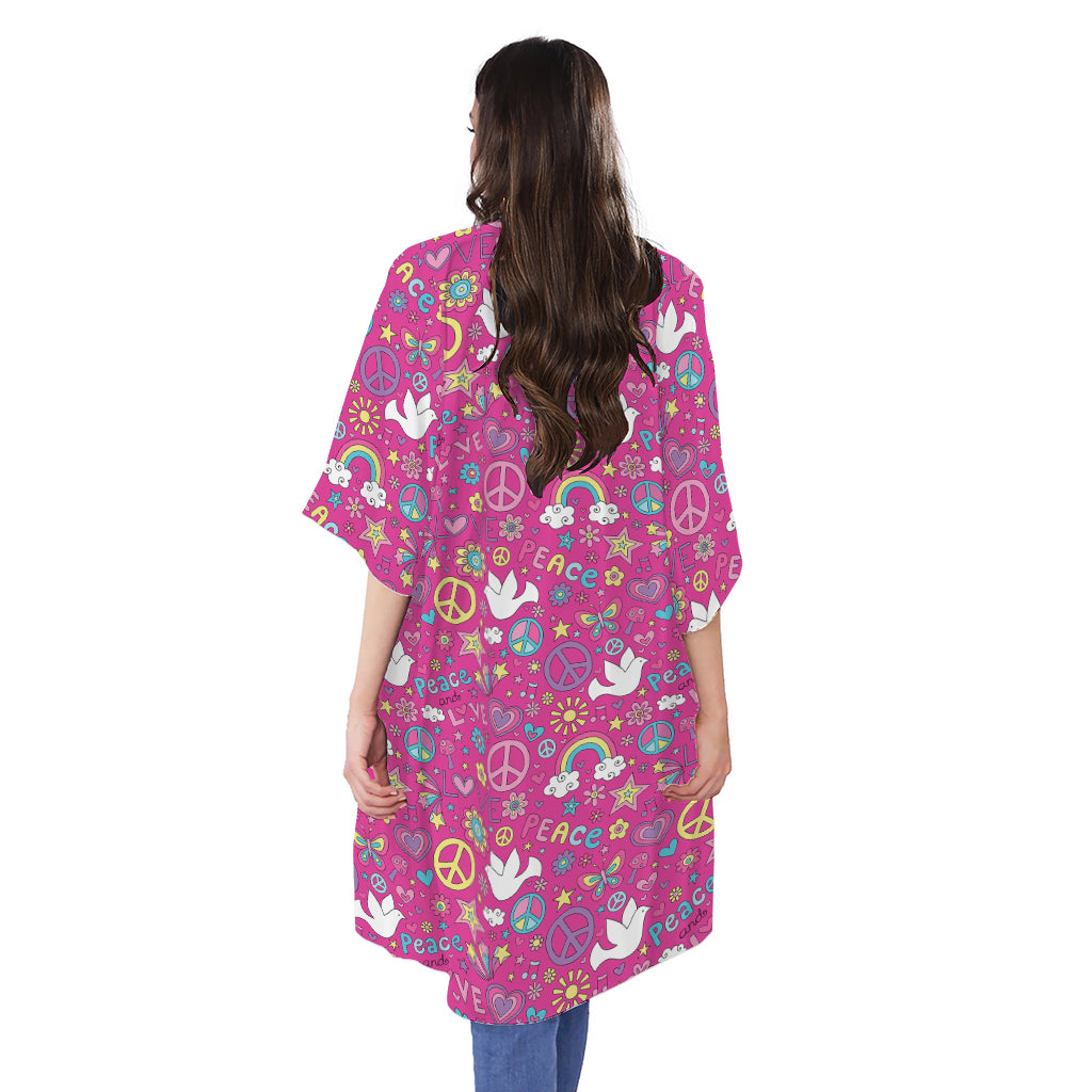 Girly Peace Sign And Love Pattern Print Open Front Beach Cover Up