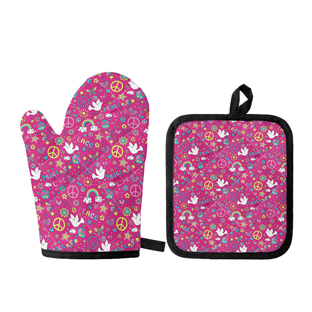 Girly Peace Sign And Love Pattern Print Oven Mitt And Pot Holder Set